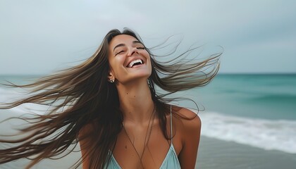 Wall Mural - Joyful woman with windswept hair smiles at the seaside, embodying the essence of carefree moments and happiness.