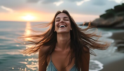 Wall Mural - Joyful woman with windswept hair smiles at the seaside, embodying the essence of carefree moments and happiness.