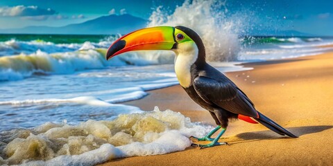 The toucan's bright beak pointed towards the horizon as it surveyed its domain, the ocean's roar a constant