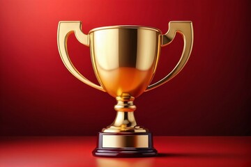 A golden champion cup on a red background with copy space. Graphic Resources.