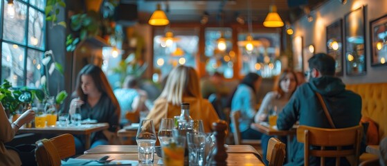 Wall Mural - blurred restaurant background with some people eating