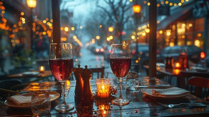 Poster - A couple is sitting at a table with two wine glasses and a bottle of wine