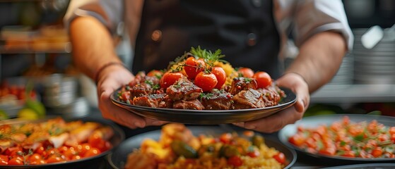 Waiter carrying plates with meat dish on some festive event 