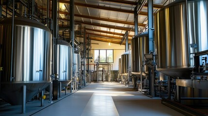 An olive oil processing facility, large vats, no people, with copy space