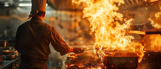 Wall Mural - Flames responding to a veteran chef