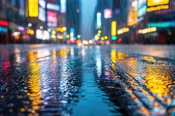 A vibrant urban scene captured in the rain, showcasing colorful reflections on wet pavement and city lights at night.