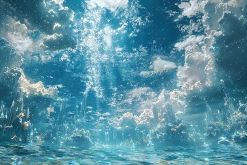 Wall Mural - Magical underwater fantasy landscape with shimmering rays of light and glowing marine life