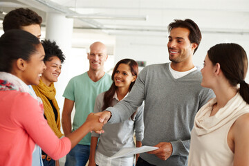 Aufkleber - Man, woman and handshake in group at startup for agreement, success or performance award in office. People, shaking hands and thanks with diversity, promotion and congratulations at creative agency