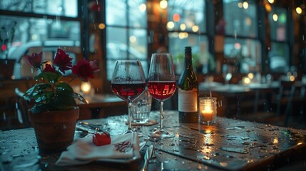 Poster - A table with two wine glasses and a bottle of wine