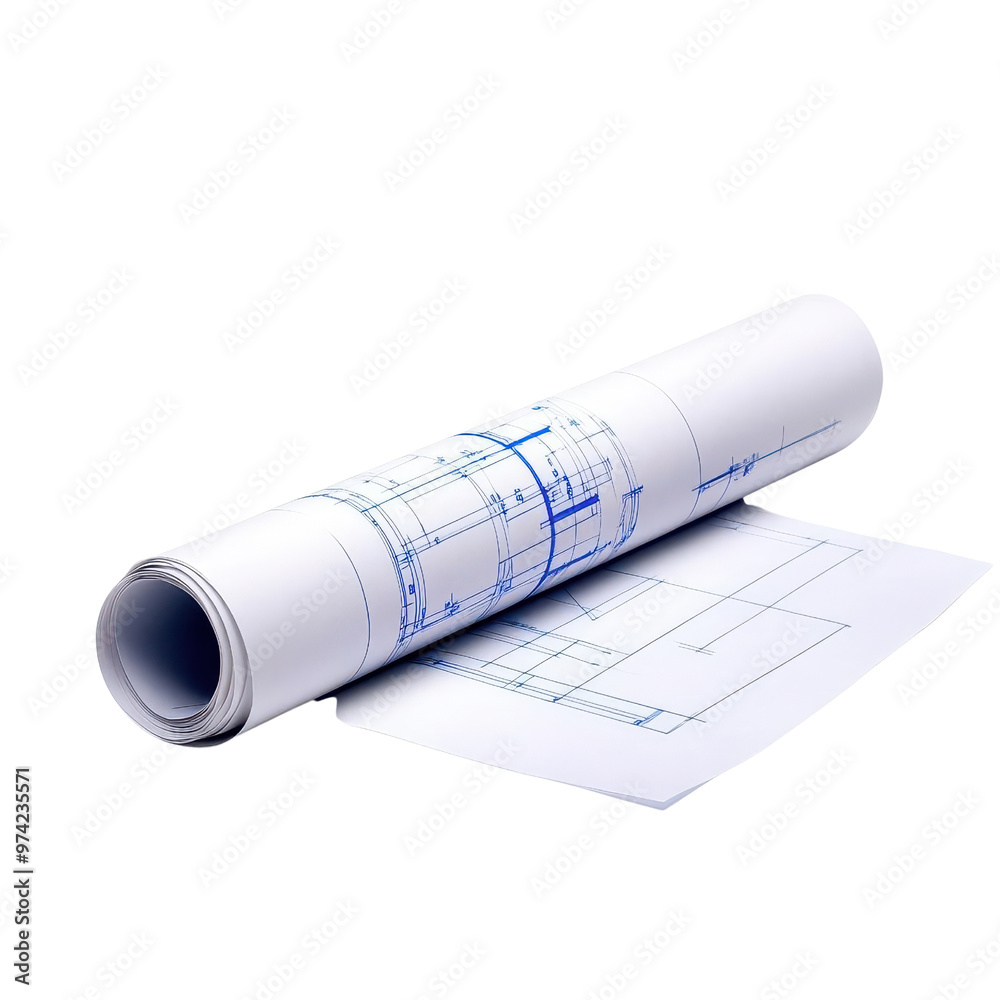 Detailed architectural blueprint rolled up with design plans, ideal for ...