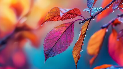 Sticker -  Close-up of a leaf on a branch, adorned with water droplets against a multicolored background