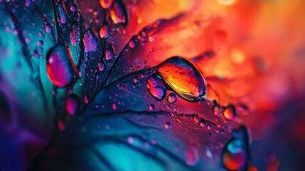 Wall Mural -  A tight shot of multicolored water droplets on a vibrant surface, illuminated by colored lights behind