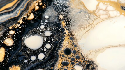  A tight shot of a black, yellow, and white material with abundant bubbles on its surface