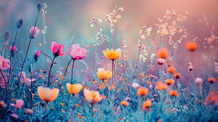  A field of flowers with blue grass beneath, dotted with blooms in the center