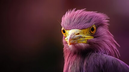  A tight shot of a purple bird against a stark black background, its yellow beak sharply defined, the rest blurred