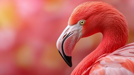  A tight shot of a pink flamingo against a softly blurred backdrop and background