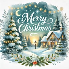a festive watercolor graphic design featuring an outdoor christmas scene. the scene includes snow-co