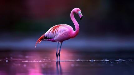  A pink flamingo wades in the water, bending its neck and submerging its head, while its long legs are immersed