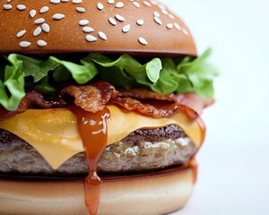 Delicious close-up of a juicy burger with cheese, bacon, lettuce, and sesame seed bun, perfect for food enthusiasts and restaurants.