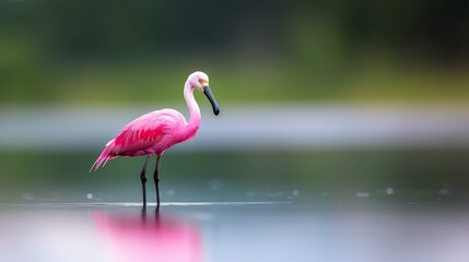  A pink flamingo bends its neck over a body of water, beak dipped in reflection