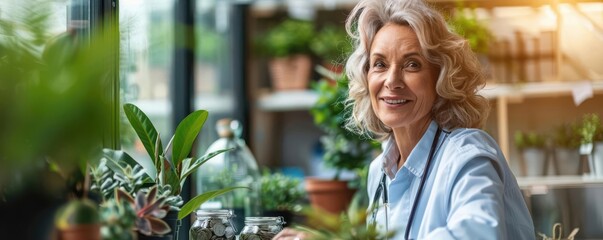 Smiling woman surrounded by greenery in a plant shop.