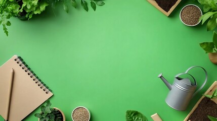 Green Background with Plants  Seeds  Watering Can and Notebook