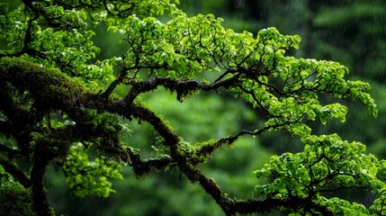  A tree branch, adorned with green leaves, is foregrounded, while rain pours down on the background trees