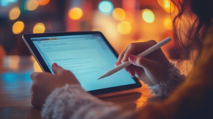 Woman Working on Digital Tablet in Cozy Atmosphere