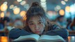 © Katavudh - Student with cramping headache, alienated by classmates, slumped over desk, empty classroom, fluorescent light, close-up, deep angst
