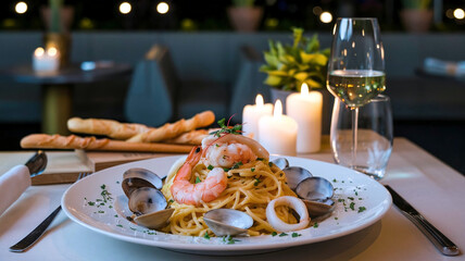 Poster - A plate of creamy seafood spaghetti carbonara garnished with shrimp and lobster, served in a cozy restaurant setting with a soft blurred background. 