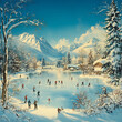 © Dariya - A picturesque winter landscape featuring a frozen lake where people are ice skating