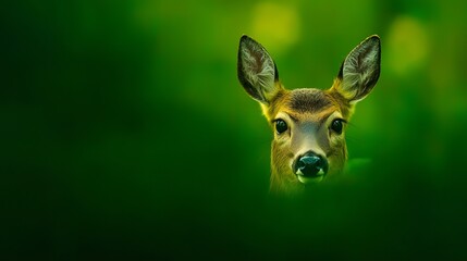  A deer's face in sharp focus against a green backdrop Blurred depiction of its head nearby