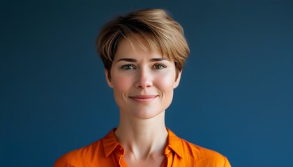 Wall Mural - Confident smiling woman with bobbed hair in orange shirt exuding professionalism and friendliness against a vibrant blue backdrop