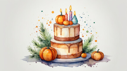 A cake with candles on it and a few pumpkins on the table