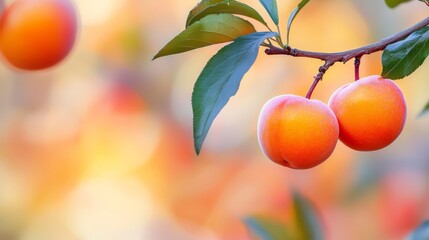 two peaches with leaves on a branch against an orange backdrop, the background subtly blurred