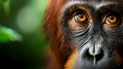  A tight shot of a monkey's face with a blurred background and a prominent green leaf in the foreground