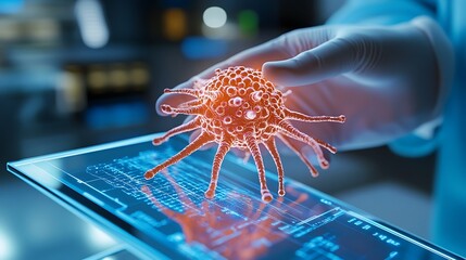 Future medical technology scanning cancer cells in real-time, with holographic displays showing molecular breakdown and potential treatment pathways