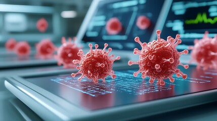 Future medical technology scanning cancer cells in real-time, with holographic displays showing molecular breakdown and potential treatment pathways