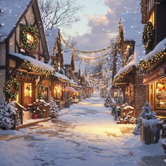 a quaint snowy village street adorned with twinkling holiday lights