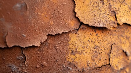 Wall Mural -  A tight shot of a weathered wall, displaying yellow and brown paint in various stages of peeling at its summit