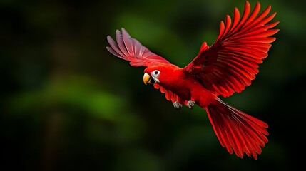  A red parrot flies through the air, wings spread out, head turned sideways