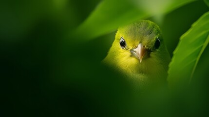 Sticker -  A tight shot of a green bird looking out from behind a thicket of green leaves, its bright eyes fixed forward