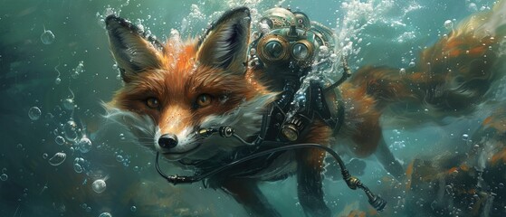 Scuba diving steampunk fox swimming in the ocean illustration 