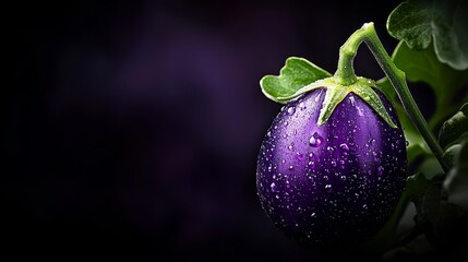 Wall Mural -  A purple eggplant in tight focus, adorned with water beads on its surface, and a verdant stem