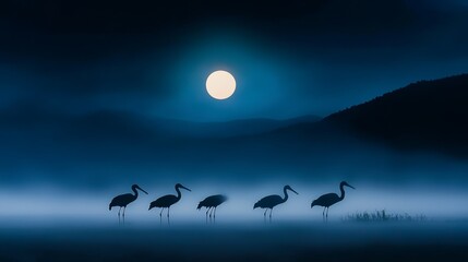 Wall Mural -  A collection of birds lined up in a misty field during nighttime, under a radiant full moon