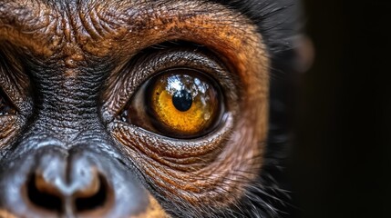 Wall Mural -  A tight shot of a monkey's expressive face, with its captivating eye locked onto the camera lens