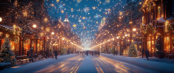 A city street lit with Christmas decorations featuring figures of people walking. Christmas