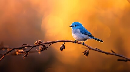  A blue-and-white bird perches on a thin twig against a softly blurred backdrop of leaves and branches