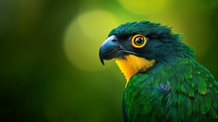  A crisp close-up of a vibrant green and yellow bird against a softly blurred background