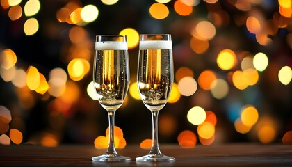 Cheers to Joy: Splashing Champagne in Glasses Surrounded by Festive Bokeh Lights Creating a Night of Celebration and Happiness